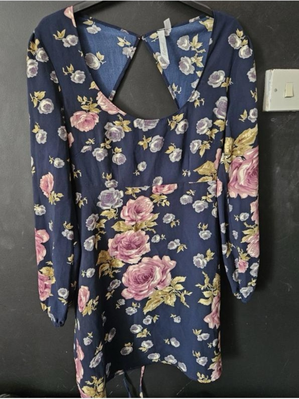 Navy Floral Long-Sleeve Mini Dress with Pink Rose Print